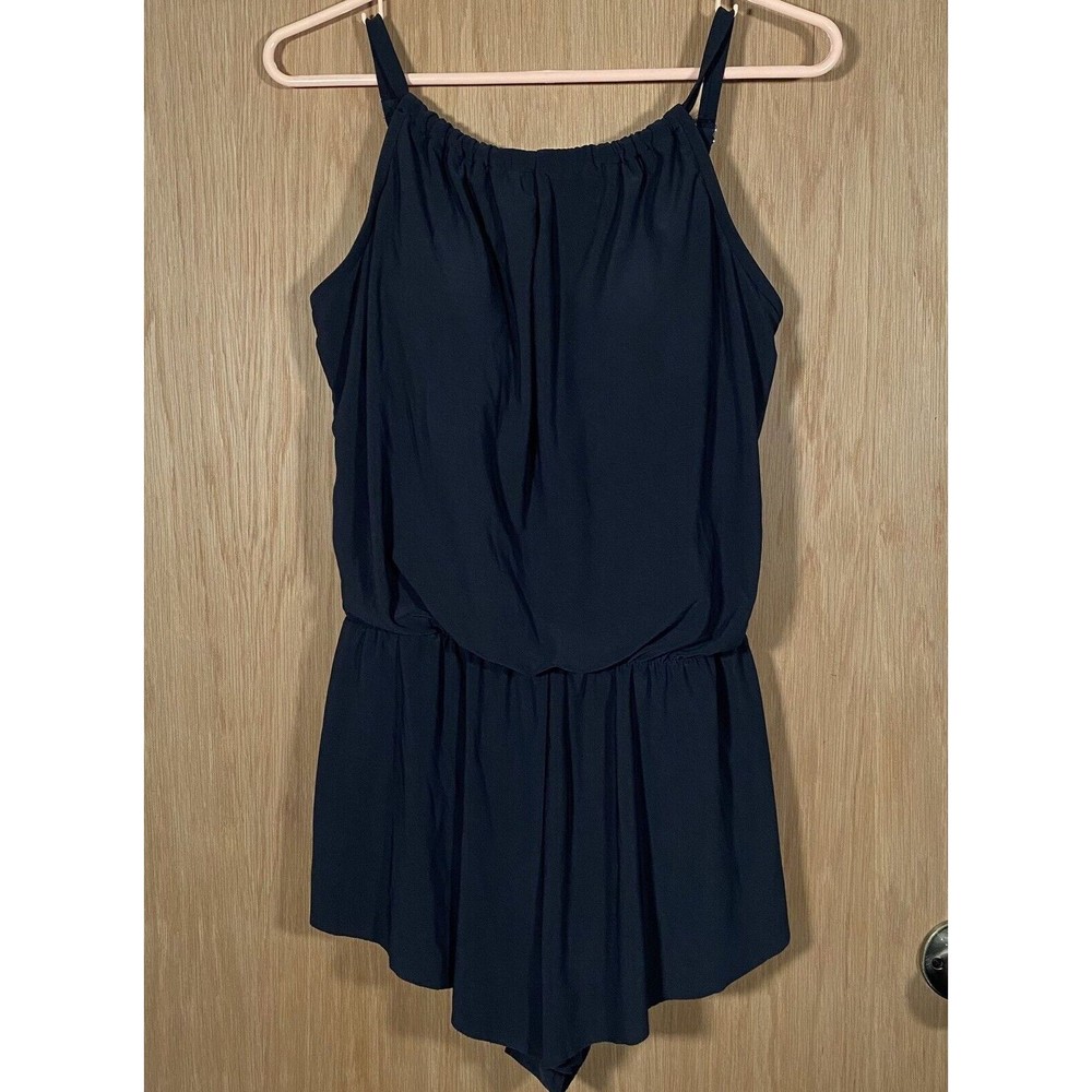 Aqua Green Women's Sz Med Swim Romper w/ Pockets One Piece Swimsuit Black